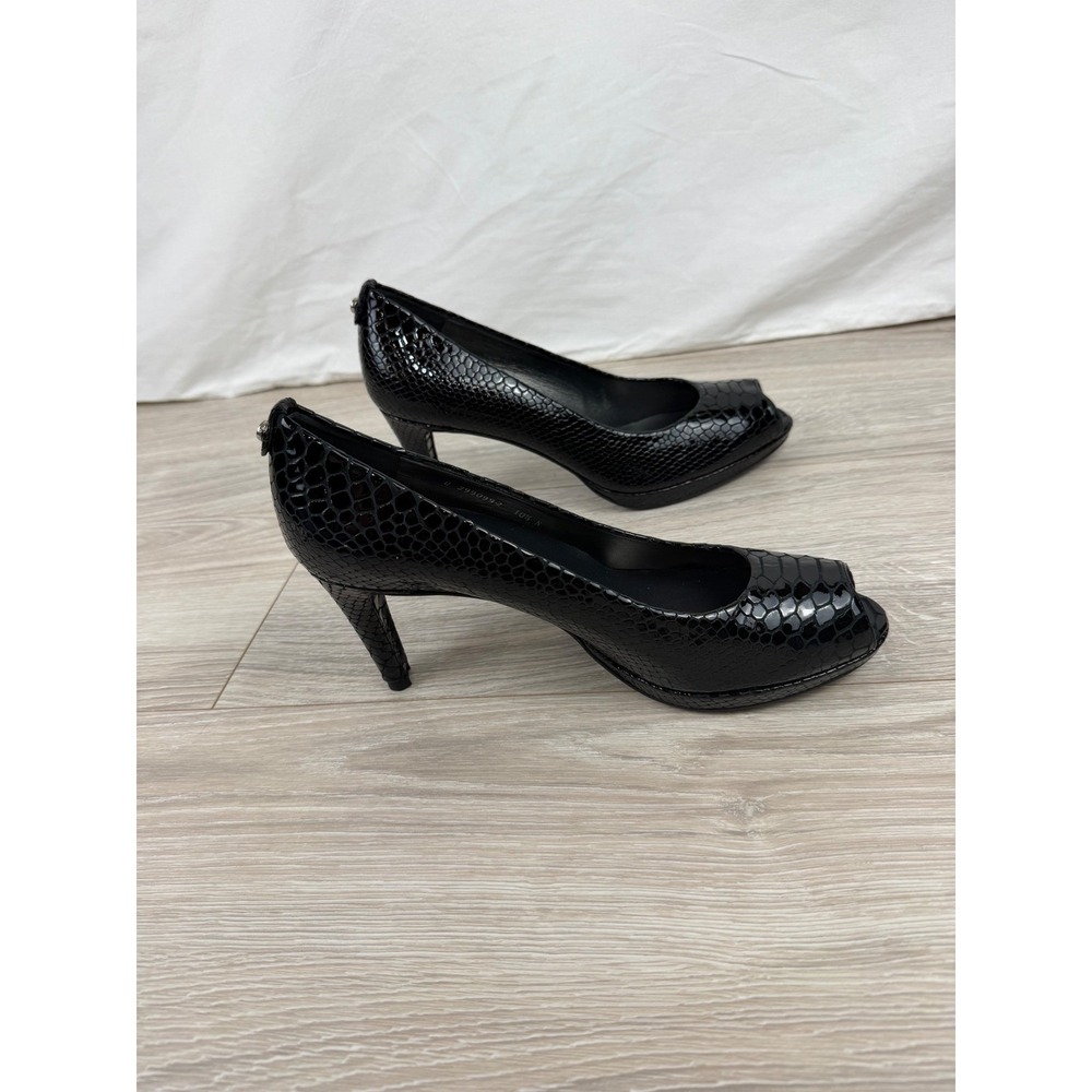 Stuart Weitzman Black Snakeskin Embossed Patent Leather Peep Toe Pumps Heels - Picture 9 of 13